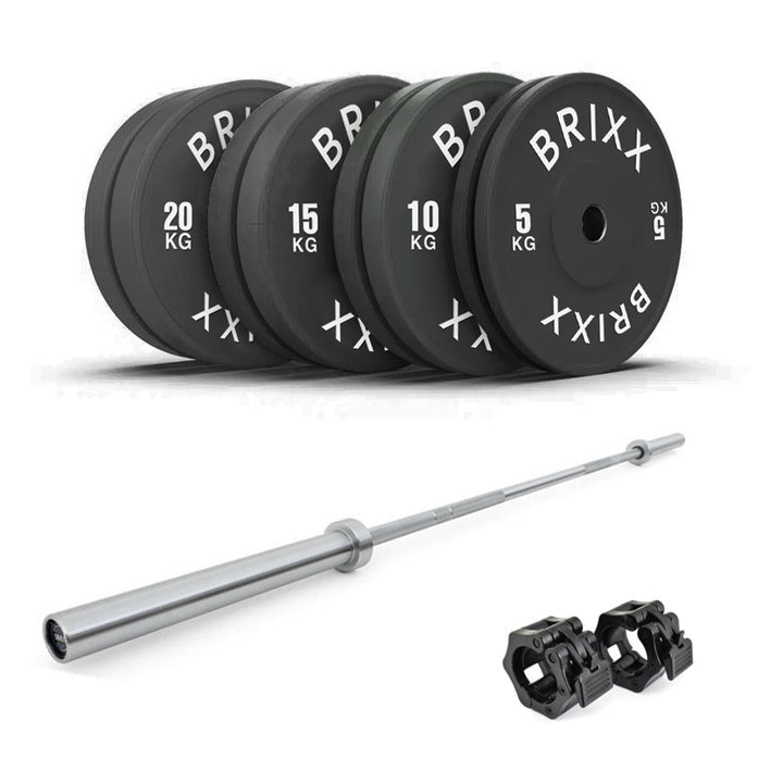 BRIXX 100kg Classic Olympic Bumper Plates + 20kg Barbell