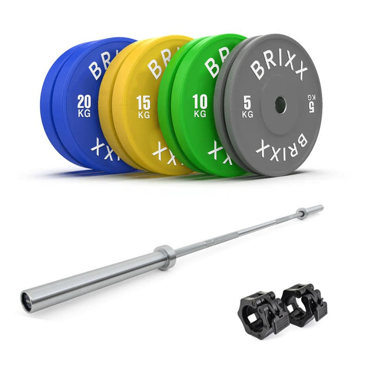 BRIXX 100kg Elite Olympic Bumper Plates + 20kg Barbell