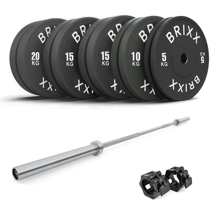 BRIXX 130kg Classic Olympic Bumper Plates + 20kg Barbell