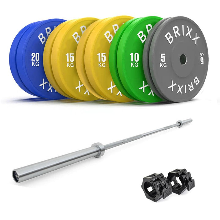 BRIXX 130kg Elite Olympic Bumper Plates + 20kg Barbell