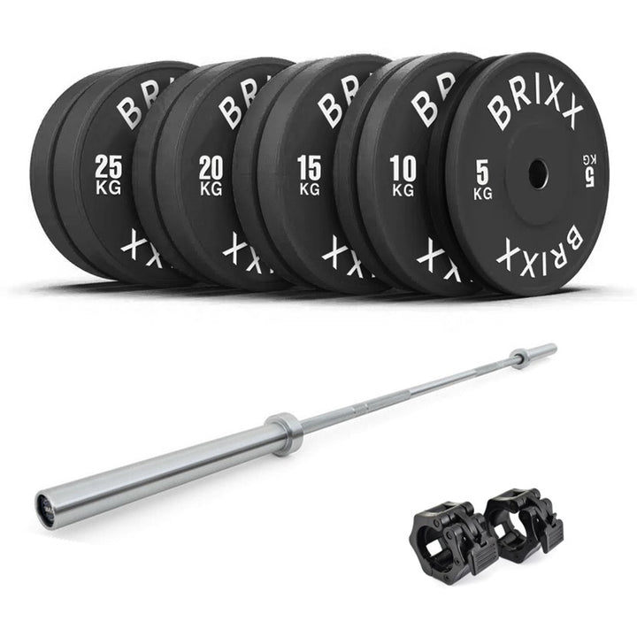 BRIXX 150kg Classic Olympic Bumper Plates + 20kg Barbell