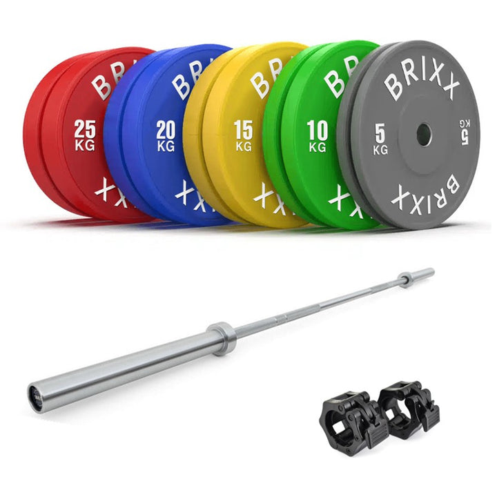 BRIXX 150kg Elite Olympic Bumper Plates + 20kg Barbell