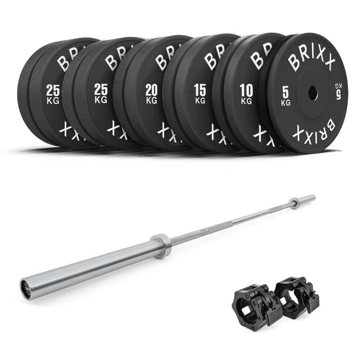 BRIXX 200kg Classic Olympic Bumper Plates + 20kg Barbell