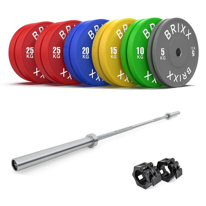 BRIXX 200kg Elite Olympic Bumper Plates + 20kg Barbell