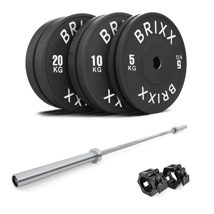 BRIXX 70kg Classic Olympic Bumper Plates + 20kg Barbell