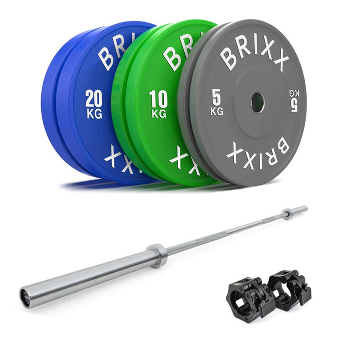 BRIXX 70kg Elite Olympic Bumper Plates + 20kg Barbell