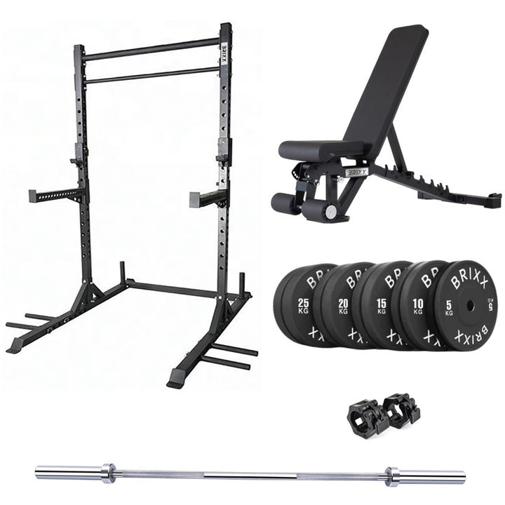 BRIXX Colossus Squat Rack, Bench, Plates & Barbell Package