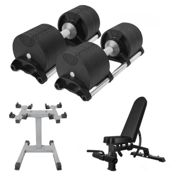 BRIXX 32kg Adjustable Dumbbell Sets, Rack and Adjustable Bench Package - BRIXX FITNESS