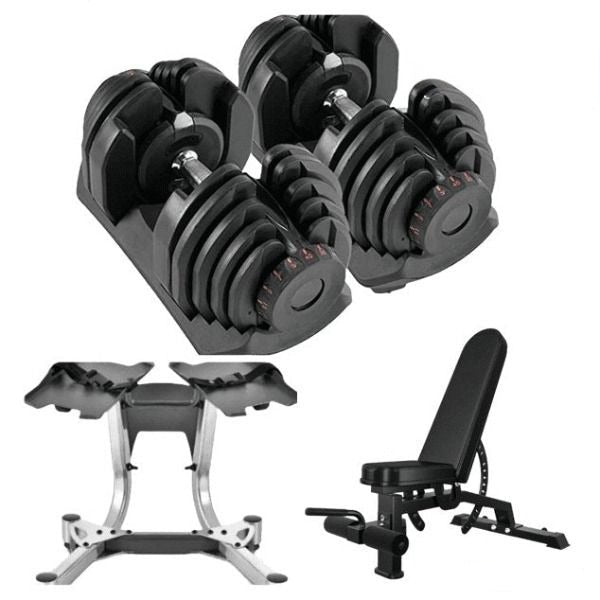 BRIXX 40kg Adjustable Dumbbell Sets, Rack and Adjustable Bench Package - BRIXX FITNESS