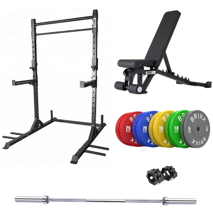 BRIXX Colossus Squat Rack, Bench, Plates & Barbell Package - BRIXX FITNESS