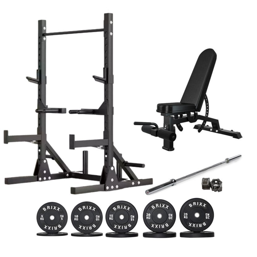 BRIXX Elite Squat Rack, Bench, Bumper Plates & Barbell Package - BRIXX FITNESS