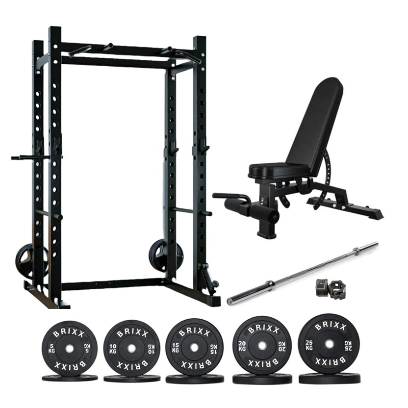 BRIXX Mammoth Heavy - Duty Power Rack, Bench, Bumper Plates & Barbell Package - BRIXX FITNESS