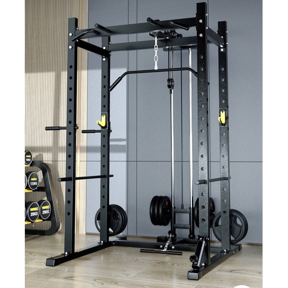 BRIXX Mammoth Heavy - Duty Power Rack & Lat - Pulley, Bench, Bumper Plates & Barbell Package - BRIXX FITNESS