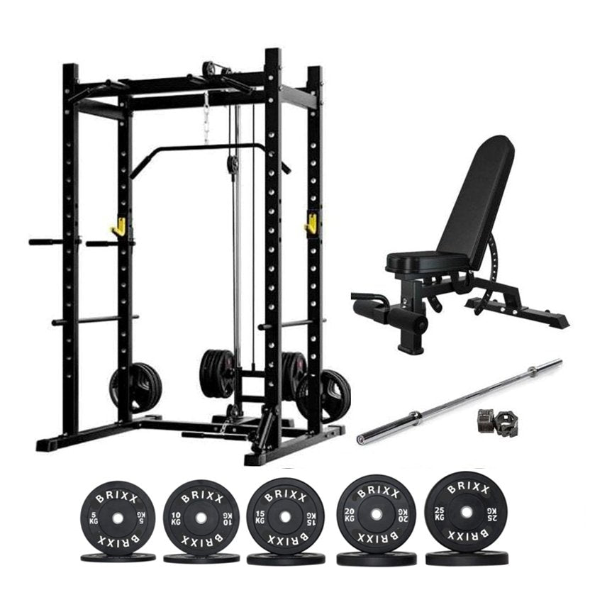 BRIXX Mammoth Heavy - Duty Power Rack & Lat - Pulley, Bench, Bumper Plates & Barbell Package - BRIXX FITNESS